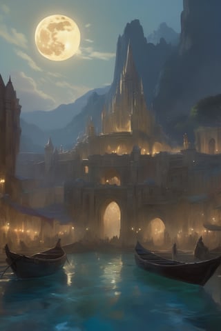 ethereal kingdom of Elaria, bathed in the shimmering glow of moonlight, cinematic, celestine azure, craig mullins