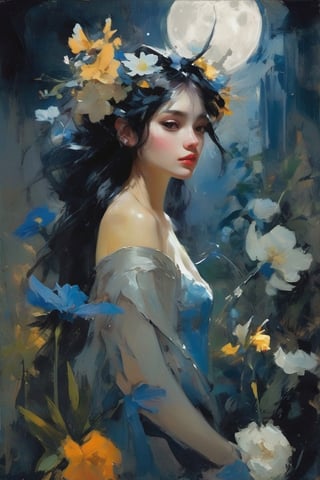 a breathtaking beautiful fairy girl, flower hair decorations, surrounded by flowers and plants, bathed in the shimmering glow of moonlight, cinematic, celestine azure, by Franz Kline