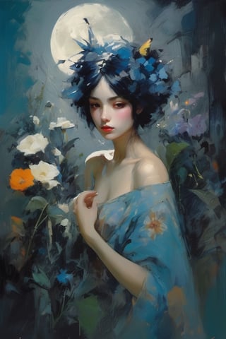 a breathtaking beautiful fairy girl, flower hair decorations, surrounded by flowers and plants, bathed in the shimmering glow of moonlight, cinematic, celestine azure, by Franz Kline