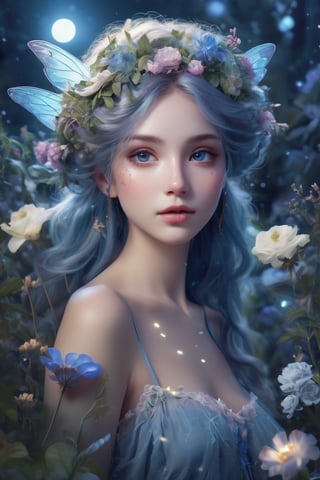 a breathtaking beautiful fairy girl, flower hair decorations, surrounded by flowers and plants, bathed in the shimmering glow of moonlight, cinematic, celestine azure, by Alan Koz