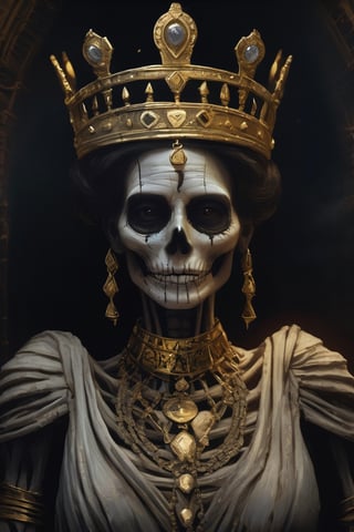 a long dead old queen depicted as a mummy preserved in her tomb, wearing a gold crown and a gold necklace and a gold and black dress, her face is skeletal, a dark setting, with a black background and some lights, the atmosphere is disturbing and mysterious