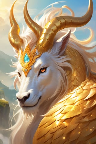 ethereal fantasy concept art of a living and real Qilin, its golden scales shimmering in the sunlight, mythical creature and legendary beast, magnificent, celestial, ethereal, painterly, epic, majestic, magical, fantasy art, cover art, dreamy