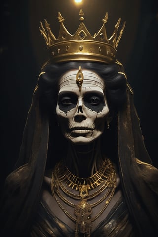 a long dead old queen depicted as a mummy preserved in her tomb, wearing a gold crown and a gold necklace and a gold and black dress, her face is skeletal, a dark setting, with a black background and some lights, the atmosphere is disturbing and mysterious