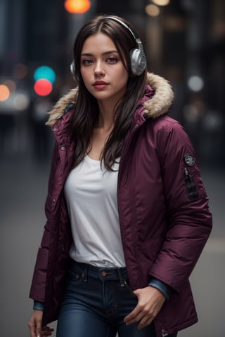 (detailed face: 1.2), Best quality, masterpiece, serious, ultra-high resolution, (photorealistic: 1.2), (best quality)), ((masterpiece)), A gogeous woman, messy long hair, silver hair, ((Dressed in a dark burgundy parka jacket, black shirt, jeans)), (headphones on her neck), medium breast, photorealistic, appropriately dressed, full image, full body, hyper-realistic, camera glare, film grains, uncompressed UHD 8K format, cinematic lights, cinematic colors, bokeh camera blur, Realism.front view, looking away,