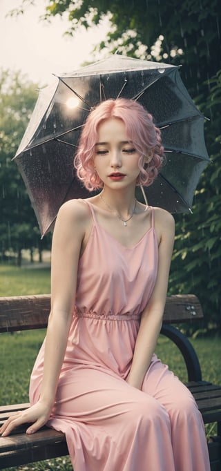 levushka in tears is sitting on a bench in the rain in an evening dress, a park with a forest, (Rain 1,2), rays of the sun, a square hairstyle, a pink black gradient hair, without an umbrella