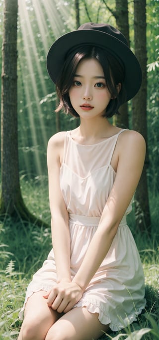 a girl in an epiphanically white dress, sitting on the grass in the forest in a hat, the sun rays, a square hairstyle, pink-black hair gradient,