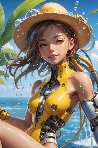 Masterpiece, bestquality, highres, high quality, upper body, wide angle, cowboy shot, dynamic pose, (2d illustration, dripping paint), a (close up, zoom in:1.44) portrait of a ([1girl, cute woman sitting on a mechanical circular robot, (big smile) : cyborg, (mechanical arm, mechanical hand:1.32), hand on head : 0.25]), barefoot, water splash, many water bubble around, wearing straw hat, BREAK wearing a (yellow Swimsuit), BREAK [tropical vibrant scene, coconut trees, foliage : (hut background:1.3) : 0.13], beautiful clouds, [blue sky :: 2], worm atmosphere, sunny, ocean scene,