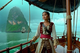 Thrill-themed cinematic film still  of  (((cute  burmese female teen in pirate cloth))) standing among male wild mature pitates at pirate sailing boat at among ocean under the rain, from side dynamic view, cinemascope, highly detailed, more detail XL.
