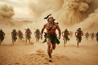 Thrill-themed cinematic film still of a((manchurian male in barbarian cloth and cap, toned body)) army group running fast left the persian castle to desert sand, among smoke and haze and explosions and clpud and green thunderstorms, chest to up, from center view, cinemascope, highly detailed ,more detail XL,HellAI.