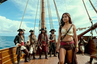 Thrill-themed cinematic film still  of  (((cute  burmese female teen in pirate cloth))) standing among male wild mature pirates at pirate sailing boat at among ocean, from side dynamic view, cinemascope, highly detailed, more detail XL.