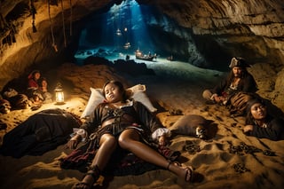 Thrill-themed cinematic film still  of  ((cute  burmese female teen in pirate cloth)) sleeping   of tiredness inside of haunted cave with a group of savage mature male pirates when night, dark light, from top dynamic view, cinemascope, highly detailed, more detail XL.