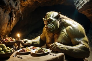 Thrill-themed cinematic film still of a (( big fat wild male ogre)) chewing human body with his mouth during dining in a dark ogre cave, from side view, close up, ancient era, cinemascope, highly detailed ,more detail XL.,monster