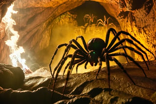 Thrill-themed cinematic film still  of  ((a giant savage and wild spider sprouting acid venom)) to sleeping pirates male inside of haunted cave when evening, natural light, from side dynamic view, cinemascope, highly detailed, more detail XL.