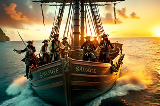 Thrill-themed cinematic film still  of group a savage mature male pirates ride a boat leaving the pirate ship when sunrise advance to the island, torch light, from side dynamic view, cinemascope, highly detailed, more detail XL.