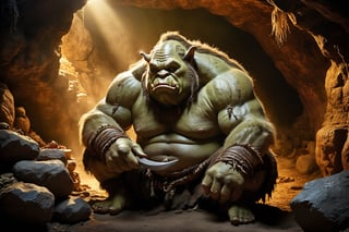 Thrill-themed cinematic film still of a (( big fat wild male ogre)) chewing huge meat savagely with his big mouth while sitting inside a dark cave, from back view, close up, ancient era, cinemascope, highly detailed ,more detail XL.,monster