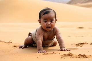 Thrill-themed cinematic film still of a (( cute crying burmese female baby in villager simple cloth)) crying among barbarian killer assassin while crawling on the sand at desert, from side view, cinemascope, highly detailed ,more detail XL.