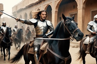 Thrill-themed cinematic film still of a (( male in rusty silver armor, toned body, pale face, long hair  dynamically waving his sword to enemy while riding a black big fast horse)) fighting with a group of savage manchurian barbarian in  a persian palace street, wrecked surrounding, chest to up, dynamic view, cinemascope, highly detailed ,more detail XL,HellAI.