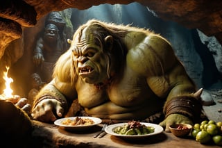 Thrill-themed cinematic film still of a (( big fat wild male ogre)) eating human body with his mouth during dining in a dark ogre cave, from side view, close up, ancient era, cinemascope, highly detailed ,more detail XL.,monster