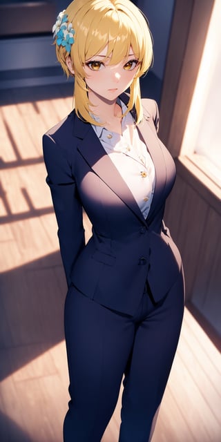(masterpiece, 4k, best quality), lumine_genshin, 1girl, business suit, arms behind back, medium breasts, yellow eyes, blonde hair, short hair with long locks, bangs, hair ornament, hair flower, calm face, indoors, standing, detailed