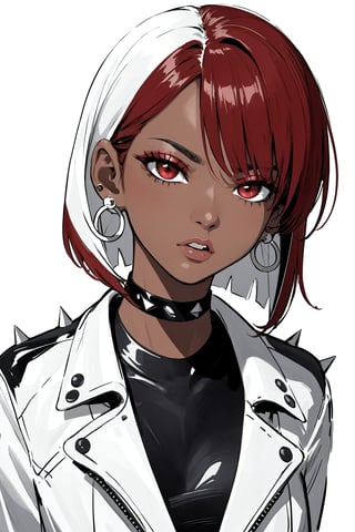 (masterpiece, 4k, best quality), 1girl, inksketch, (dark skin), colorful makeup, white leather jacket, black shirt, large breasts, short red hair, nose piercing, spiked collar, earrings, hair ornament, beautiful, detailed, calm face, upper body, sketch, white background, nsfw