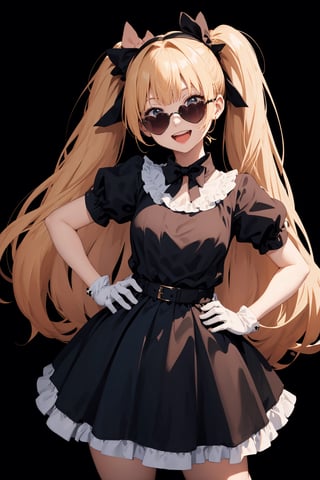 (masterpiece, 4k, best quality), 1girl, solo, black puffy short sleeves, black dress, twintails, black gloves, smile, hair bow, hands on hips, very long hair, blonde hair, bow, white background, :d, sunglasses, eyewear on head, heart, bangs, open mouth, looking at viewer, frills, frilled dress, pleated dress, small breasts
