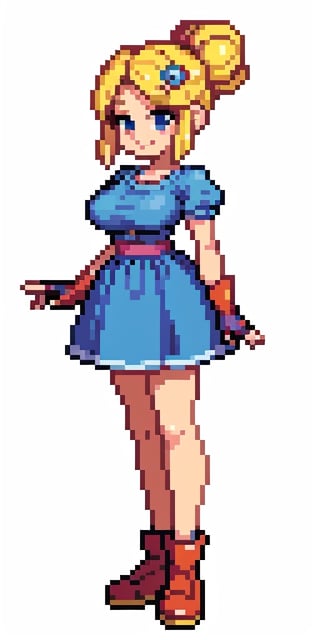 (masterpiece, 4k, best quality), pixel art, pixel, /piper/, 1girl, blue dress, puffy sleeves, fingerless gloves, blonde hair, hair bun, hair ornament, big breasts, standing, smile, white background