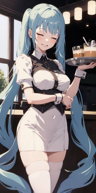 (masterpiece, 4k, best quality), 1girl, long blue hair, slim, medium breasts, holding a tray of drinks, white top, white skirt, waitress clothes, white thighhighs, smile, closed eyes, standing, detailed, cafe indoors, privaty \(nikke\)