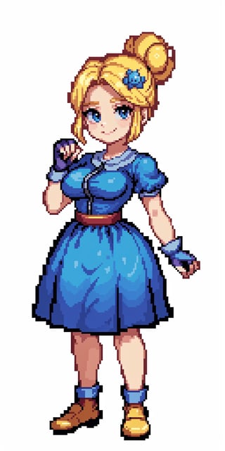 (masterpiece, 4k, best quality), pixel art, pixel, /piper/, 1girl, blue dress, puffy sleeves, fingerless gloves, blonde hair, hair bun, hair ornament, big breasts, standing, smile, white background