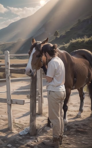 4k, (masterpiece, best quality, highres:1.3), ultra resolution, intricate_details, (hyper detailed, high resolution, best shadows),
1horse standing, 1girl standing facing left and kissing the horses on eyes with tilted_head, gentle and loving_expression, wearing_soft_cotton_tshirt and lower, wooden_fence, mountains, beautiful_scenery, 4k wallpaper, sunshine, sunrays, clouds, blue_sky,