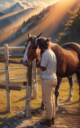 4k, (masterpiece, best quality, highres:1.3), ultra resolution, intricate_details, (hyper detailed, high resolution, best shadows),
1horse standing, 1girl standing facing left and kissing the horses on eyes with tilted_head, gentle and loving_expression, wearing_soft_cotton_tshirt and lower, wooden_fence, mountains, beautiful_scenery, 4k wallpaper, sunshine, sunrays, clouds, blue_sky,fantasy00d