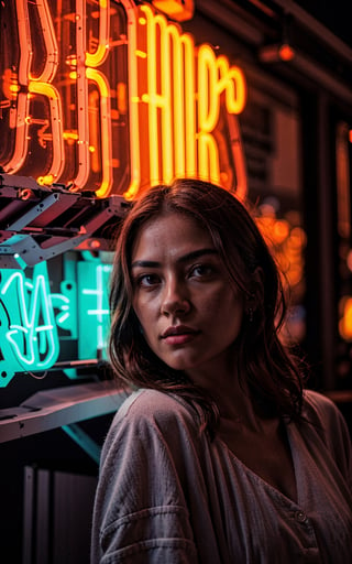 4k, (masterpiece, best quality, highres:1.3), ultra resolution, intricate_details, (hyper detailed, high resolution, best shadows),
1 woman, standing next to a neon light board, glowing in the dark, looking_at_camera, close up shot, depth_of_field, realistic illumination,Mecha,blurry_light_background,realistic illumination