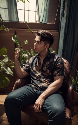 4k, (masterpiece, best quality, highres:1.3), ultra resolution, intricate_details, (hyper detailed, high resolution, best shadows),

1boy, sitting on a leather chair, in a room with large windows, looking_left, wearing a flowral pattern shirt and a pant, earrings, silky_hair, plants, foliage, soft_lighting,  