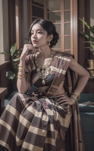4k, (masterpiece, best quality, highres:1.3), ultra resolution, intricate_details, (hyper detailed, high resolution, best shadows),
1 woman, brown_skin, asian, wearing indian saree, checkered_clothing, bangles, jewelery, earrings, bindi, flower_in_hair, dark background,AanyaaSanaya,Extremely Realistic,More Detail