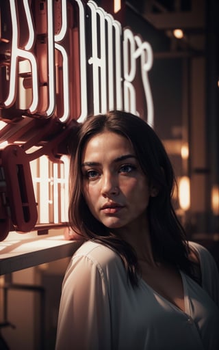 4k, (masterpiece, best quality, highres:1.3), ultra resolution, intricate_details, (hyper detailed, high resolution, best shadows),
1 woman, standing next to a neon light board, glowing in the dark, looking_at_camera, close up shot, light falling on her face, depth_of_field, realistic illumination,Mecha,blurry_light_background,realistic illumination,Holy light,Angel's wings