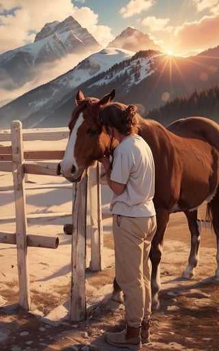 4k, (masterpiece, best quality, highres:1.3), ultra resolution, intricate_details, (hyper detailed, high resolution, best shadows),
1 brown horse standing, 1girl standing facing left and kissing the horses on eyes with tilted_head, gentle and loving_expression, wearing_soft_cotton_tshirt and lower, wooden_fence, mountains, beautiful_scenery, 4k wallpaper, sunshine, high_contrast, clouds, blue_sky,YeiyeiArt