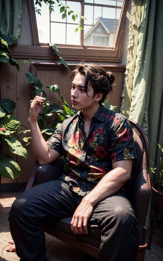 4k, (masterpiece, best quality, highres:1.3), ultra resolution, intricate_details, (hyper detailed, high resolution, best shadows),

1boy, sitting on a leather chair, in a room with large windows, looking_left, wearing a flowral pattern shirt and a pant, earrings, silky_hair, plants, foliage, soft_lighting, curtains, ,yeonyuromi,More Detail,perfect