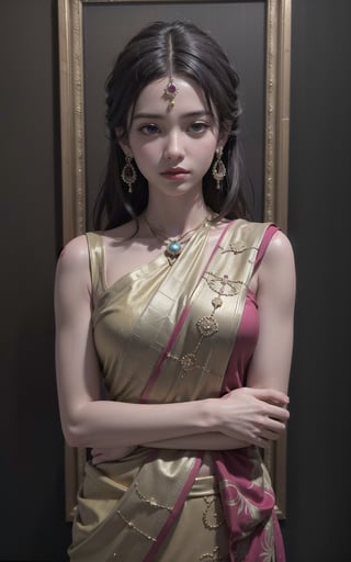 4k, (masterpiece, best quality, highres:1.3), ultra resolution, intricate_details, (hyper detailed, high resolution, best shadows),
1 woman, brown_skin, asian, wearing indian saree, checkered_clothing, bangles, jewelery, earrings, bindi, flower_in_hair, dark background,AanyaaSanaya,Extremely Realistic,More Detail