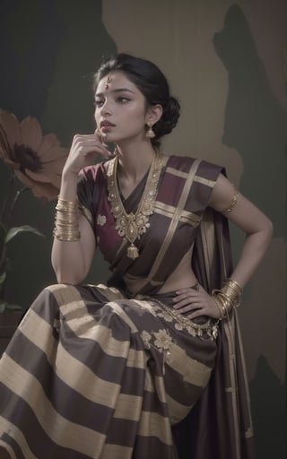 4k, (masterpiece, best quality, highres:1.3), ultra resolution, intricate_details, (hyper detailed, high resolution, best shadows),
1 woman, brown_skin, asian, wearing indian saree, checkered_clothing, bangles, jewelery, earrings, bindi, flower_in_hair, dark background,AanyaaSanaya