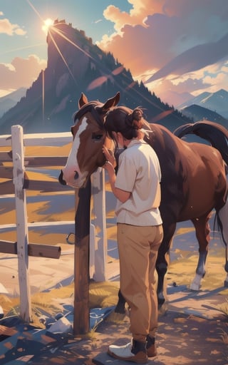 4k, (masterpiece, best quality, highres:1.3), ultra resolution, intricate_details, (hyper detailed, high resolution, best shadows),
1horse standing, 1girl standing facing left and kissing the horses on eyes with tilted_head, gentle and loving_expression, wearing_soft_cotton_tshirt and lower, wooden_fence, mountains, beautiful_scenery, 4k wallpaper, sunshine, sunrays, clouds, blue_sky,