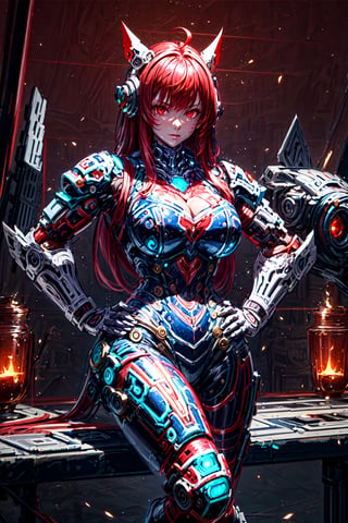masterpiece,  best quality, 1girl, solo, large breasts, bare arms,  outdoors,  night  sky, sitting, hand on hip, cleavage cutout,  steel armor, long hair, bangs, red eyes, red hair, High detailed, Epic Logo, Cyber punk,