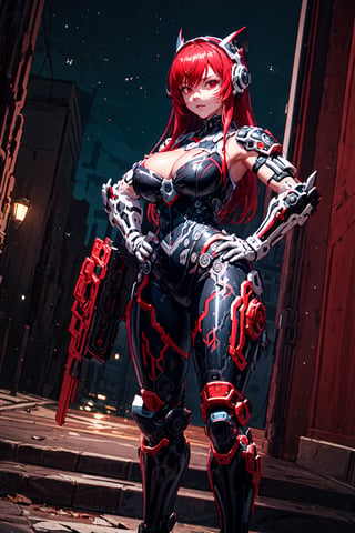 masterpiece,  best quality, 1girl, solo, large breasts, bare arms,  outdoors,  night  sky, sitting, hand on hip, cleavage cutout,  steel armor, long hair, bangs, red eyes, red hair, High detailed, Epic Logo, Cyber punk,