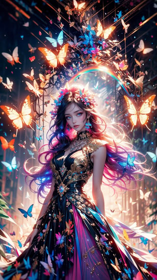  young woman with beautiful blowing hair and mesmerizing eyes, wearing a flowing red gold dress made of petals, in a serene garden (filled with blooming flowers), a representation of beauty and grace, charming, cute, beautiful, ultra detailed, dream like shot, 8k, sunset, ((holographic))), (((rainbowish))), expressive, cinematic, dynamic pose,midjourney, fullbody, many many glowing colorful butterflies