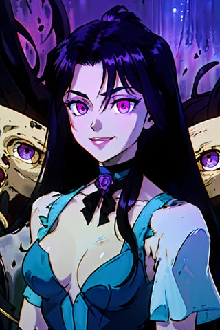 (masterpiece),  (best quality:1.6),  (victorian clothes, choker), (dark_black long hair:1.3), (longhairstyle:1.4), pale skin, (violet eyes:1.3), ((1 mature woman:1.3)), (busty), large breasts, best quality, extremely detailed, HD, 8k,1 girl,yuzu, ((cruel_smile)), ((evil eyes)), dark scenery, victorian background ,retro,1980s \(style\)