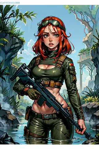 (masterpiece), best quality, expressive eyes, perfect face, 1girl in tactical jungle uniform, (wet skin), dirt in face and hair, (sweaty), (freckled skin), deep cleavage, bare midriff,flushed cheeks, redhead, rising out of water, helmet, nightvision goggles, aiming a assault rifle, weapon