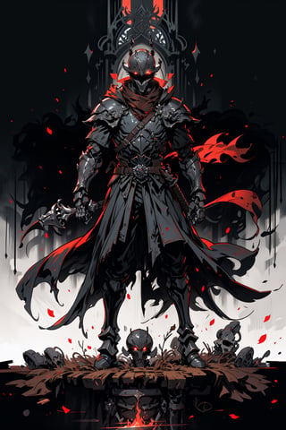 Masterpiece, best quality, solo, simple_background, 1 man, knight, hand holding a great sword , Black full body armor, red glowing eyes, wearing edg, dark armor, helmet, faceplate, (dynamic combat scene, fight with a skeleton)