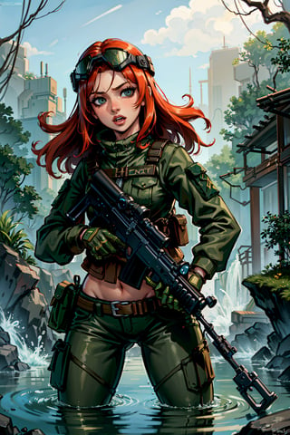 (masterpiece), best quality, expressive eyes, perfect face, 1girl in tactical jungle uniform,aiming a assault rifle gun, redhead, rising out of water,wet skin, bare midriff, (tactical helmet, night_vision goggles), weapon
