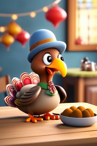 masterpiece, 8k, best quality, extremely detailed, HD, 8k, a turkey on a table, wearing a winter coat and hat, alive cartoon turkey with mischievous expression, centered, small turkey, modelshoot style,cute00d