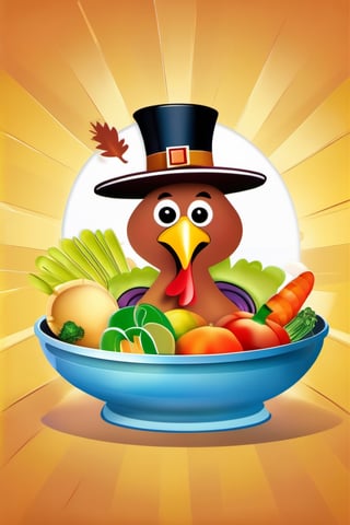masterpiece, 8k, epic,Stunning poster, turkey with Thanksgiving hat fleeing from dish, thanksgiving day icon, vegetables in the dish, alive cartoon turkey with mischievous expression in the dish, centered, small size turkey, modelshoot style,cute00d