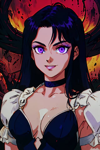 (masterpiece),  (best quality:1.6),  (victorian clothes, choker), (dark_black long hair:1.3), (longhairstyle:1.4), pale skin, (violet eyes:1.3), ((1 mature woman:1.3)), (busty), large breasts, best quality, extremely detailed, HD, 8k,1 girl,yuzu, ((cruel_smile)), ((evil eyes)), dark scenery, victorian background ,retro,1990s \(style\)