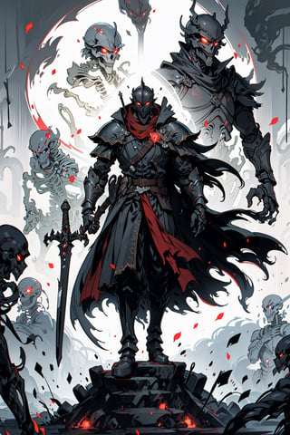 Masterpiece, best quality, solo, simple_background, viewed_from_side,1 man, knight, hand holding a great sword , Black full body armor, red glowing eyes, wearing edg, dark armor, helmet, faceplate, (dynamic combat scene, fight with a skeleton)